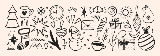 Obraz premium Set of elements for xmas illustration with crayon, pastel or chalk texture. Hand drawn vector illustration.
