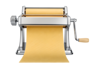 Manual pasta machine with fresh dough isolated on transparent background