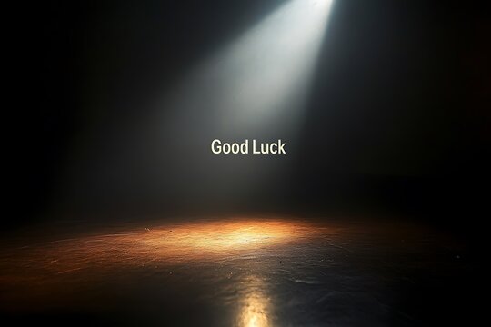 "Good Luck" written in simple modern sans-serif font with a spotlight shining down on it, casting a soft glow 