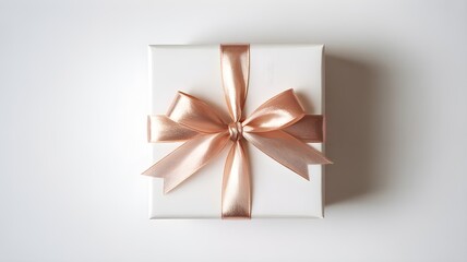 White gift box with elegant rose gold ribbon and bow top view isolated on clean white background symbolizing luxury