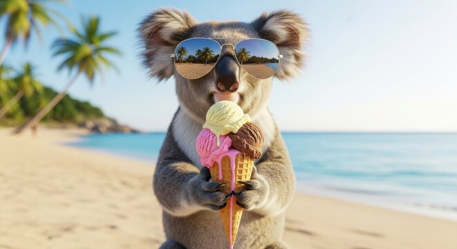 Koala bear eating ice cream on a tropical beach wearing sunglasses