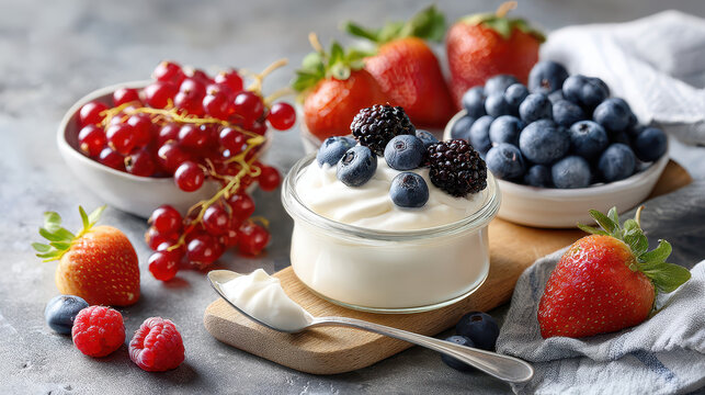 Fresh mixed berries and yogurt in a rustic setting on a wooden surface, garnished with mint leaves for a healthy snack