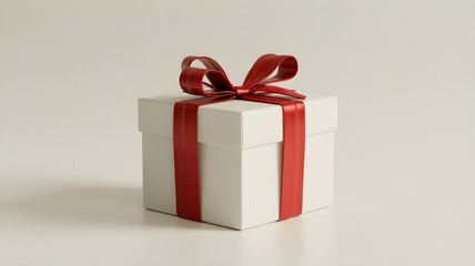 White square gift box with shiny red ribbon bow isolated on bright white background symbolizing special presents
