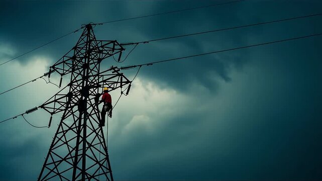 Electrician climbing high voltage tower during lightning storm dangerous work power line