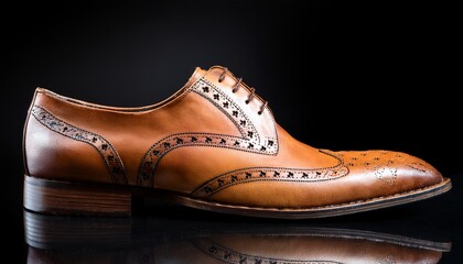 classic tan leather wingtip brogue dress shoes on black background