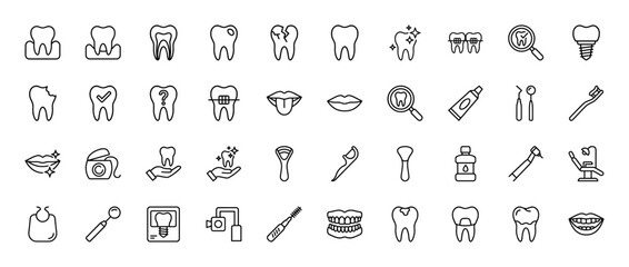 Fototapeta na wymiar Dentistry line icon set. Vector pictograms of teeth, braces, dental implant, drill, toothbrush, mouthwash, and dental chair, thin linear illustration.