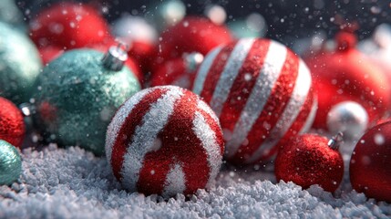 Christmas ornaments resting on snow while falling snowflakes