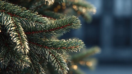 Christmas tree branch with green needles and bokeh lights