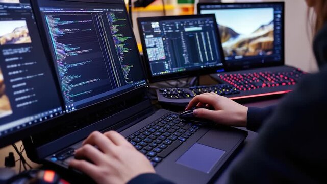 A person sits at a desk with two laptops open, focused on their work