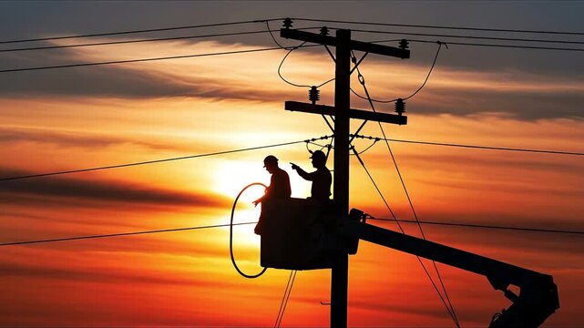 Electricians in bucket truck at sunset working on power lines silhouette workers maintenance