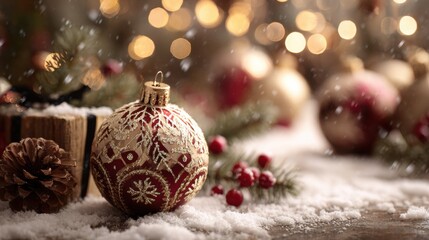 Christmas ornament displaying golden festive design with snow