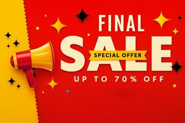 Exciting final sale announcement with megaphone and up to 70 percent off discount offer