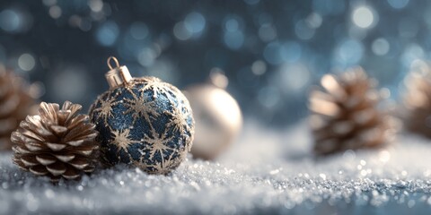 Christmas ornaments and pine cones on sparkling snow