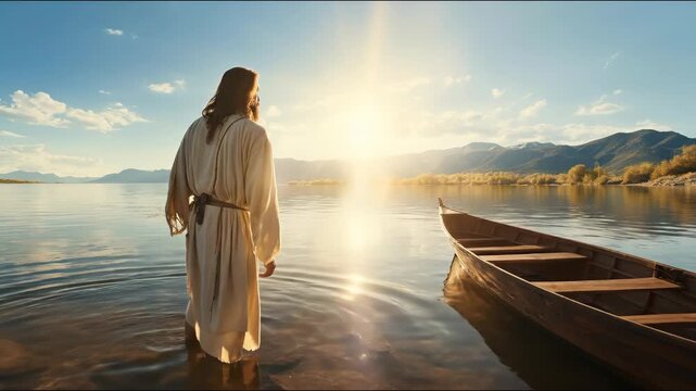 Jesus Christ on the shore of the lake with a boat. The preaching of Christ. Christian religious video background. Biblical footage