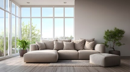 Fototapeta premium Modern Living Room with Large Windows and Comfortable Sectional Sofa.
