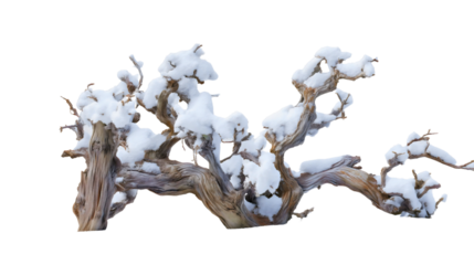 An old driftwood log covered in heavy snow isolated on a white background, a frozen dry tree branch for winter design, a rustic wood texture, a cold season nature object.