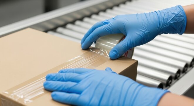Taping a box shut on a conveyor belt for secure shipping with gloved hands, ensuring safe delivery and protection of goods, modern logistics solutions