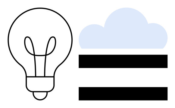 Minimalist design with a light bulb, cloud, and parallel bars illustrating ideas, technology, and digital storage. Ideal for innovation, tech concepts, data storage, creativity efficiency strategy