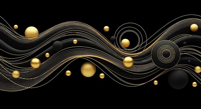 Elegant abstract background with golden lines and spheres on black backdrop - Powered by Adobe