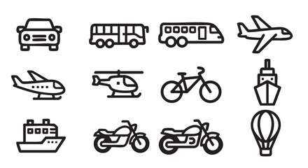 Icons of Various Transportation Methods including Car Bus Plane Helicopter Boat Motorcycle