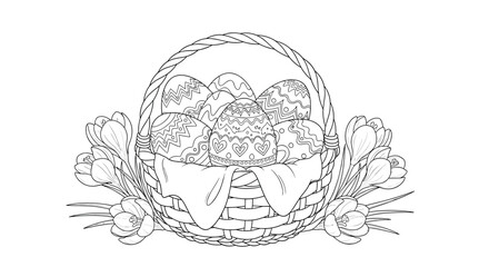 A detailed Easter coloring page featuring a woven basket brimming with patterned eggs and elegant crocus flowers, awaiting vibrant colors.