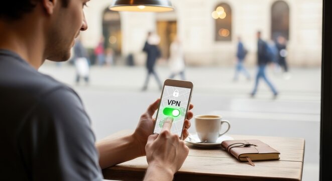 Man enabling secure VPN connection on smartphone in cafe for online privacy protecting data while working remotely using mobile network