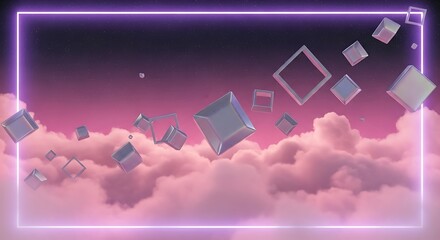 Dreamscape with Geometric Shapes, Neon Frame and ethereal Cloudscape