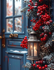 Snowy spruce branches with bright red berries are adorned with a warm lantern and candle. In the background, a blue-framed window and soft lights create a cozy winter atmosphere.