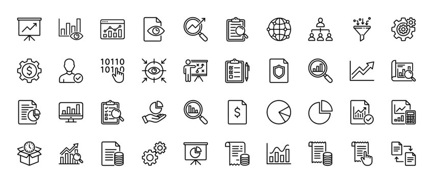 Business and data analytics line icon set. Vector pictograms of charts, documents, gears, magnifying glasses, financial reports, and strategic planning, thin linear illustration.