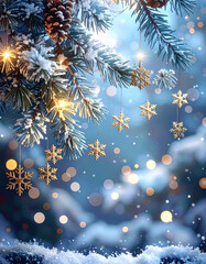 Snow-covered spruce branches are adorned with golden snowflakes and soft lights. Warm bokeh lights shimmer in the background, creating a wintry, magical holiday atmosphere.