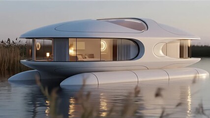 Futuristic luxury houseboat with panoramic windows and modern interior floating on calm water