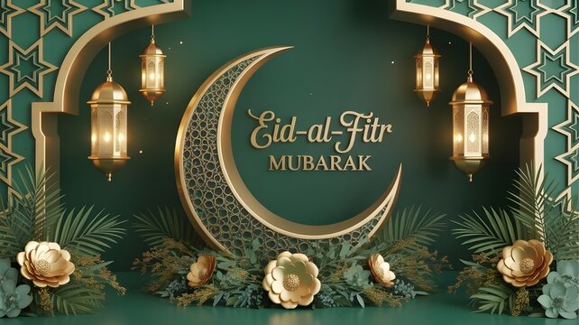 Elegant eid alfitr mubarak display with a golden crescent moon, traditional lanterns, and lush green foliage, set against a rich emerald background, perfect for islamic celebrations