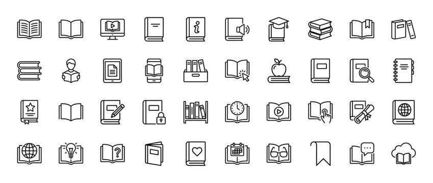 Education and knowledge icon set. Vector pictograms of books, reading, library, learning, digital literature, and study concepts, thin linear illustration.
