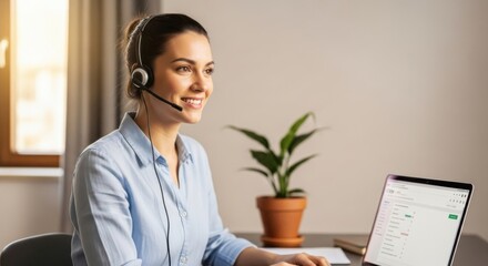 Friendly customer service agent offering support from a bright home office, ready to help with your virtual assistant or online business needs today