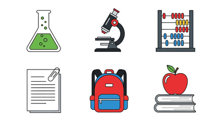 Vector illustration of school supplies such as microscope, flask, abacus, books, apple
