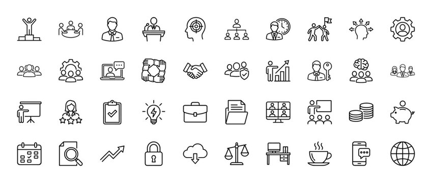 Business management line icon set. Vector pictograms of teamwork, strategy, growth, finance, office, technology, security, and human resources, thin linear illustration. - Powered by Adobe