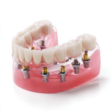 Denture with implant attachments and locator system displayed on a white background, showcasing dental technology and innovation in prosthetic solutions for oral health