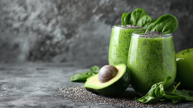 Delicious and healthy green smoothie, perfect for a fresh start. The drink is made with avocado, spinach and topped with chia seeds, offering a refreshing and nutritious option.