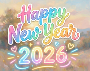 Fototapeta premium Happy New Year 2026 Festive Artwork with Colorful Hearts
