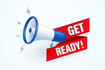 Megaphone announcing get ready with lightning bolts indicating energy and excitement for an important announcement
