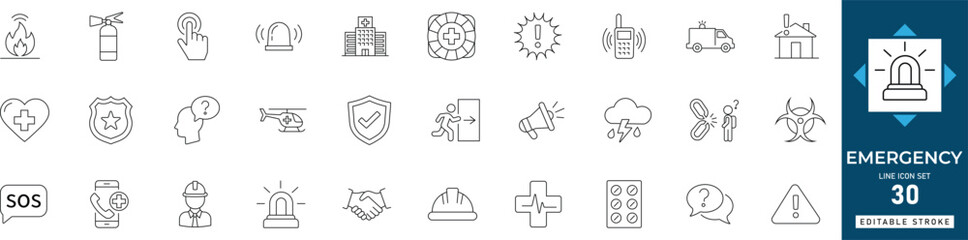 emergency icon set featuring medical aid, ambulance, alert, buttons, symbols, rescue, urgent, tools, first, response, and urgent crisis support visuals