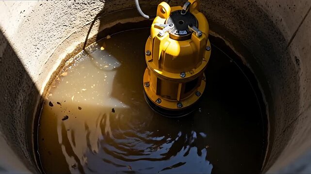 Heavy duty yellow submersible pump operating in muddy water within concrete well shaft drainage