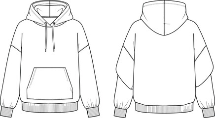 Oversized hoodie technical template featuring front and back views with detailed stitching, pocket, hood structure, cad drawing flat vector illustration design