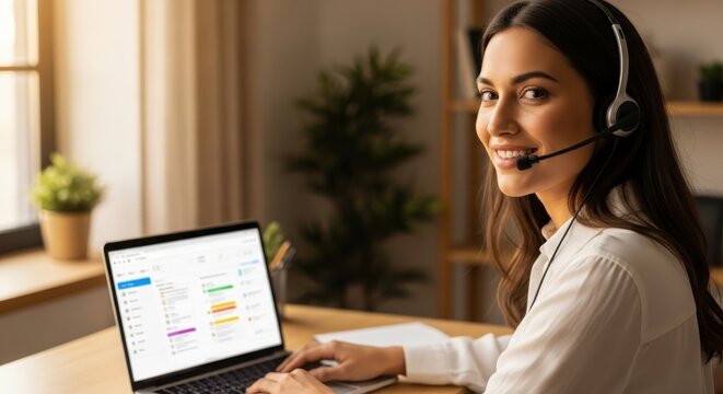 Friendly customer service representative ready to help from her home office, providing top-notch support with a warm smile and professional headset