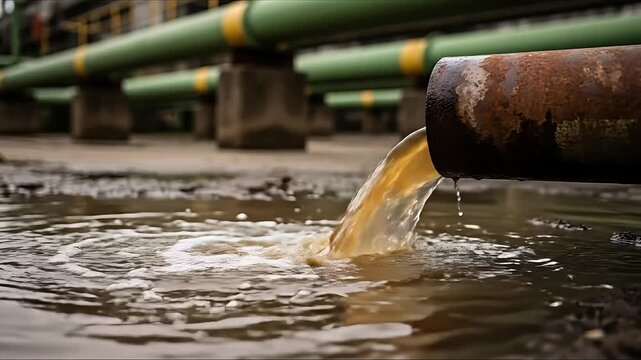 Industrial wastewater discharge rusty pipe flowing dirty liquid into murky water environmental