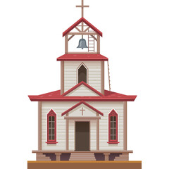 Pixel Art Style White Wooden Church With Red Roof and Bell Tower Featuring a Cross and Steeple Against a Transparent Background