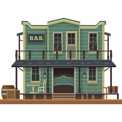 Pixel Art Western Saloon Building With Bar Sign Swinging Doors And Barrel On Transparent Background