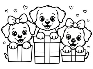 Three adorable puppies peek out from behind gift boxes adorned with bows and hearts.
