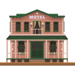 Pixel Art Western Motel Building With Green Trim And Wooden Porch Facade Isolated On Transparent Background