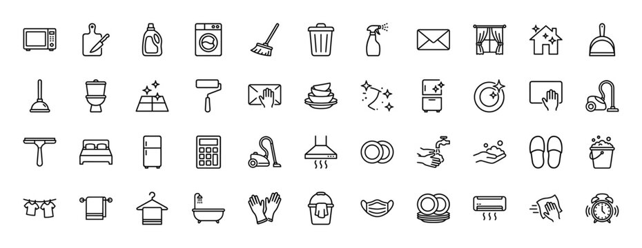 Household and cleaning services line icon set. Vector pictograms of laundry, kitchen, bathroom, cleaning tools, and home appliances, thin linear illustration.